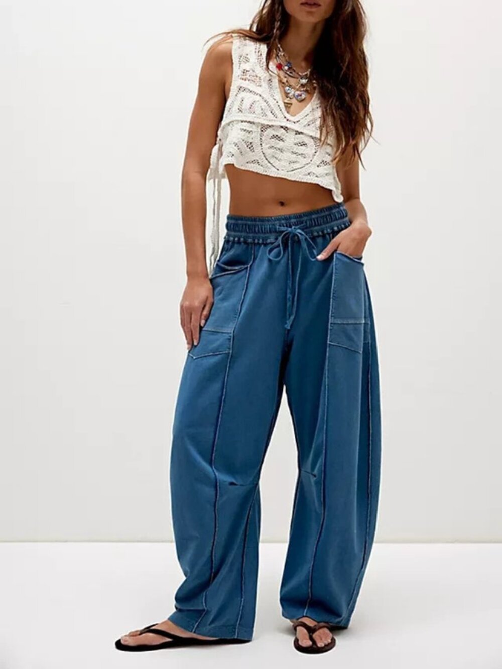 Free People Kaiden Barrel Pants Mid-rise Smocked Patch Pockets M
